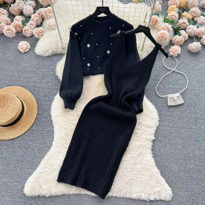 Autumn Winter Slimming Knitted Sweater Dress Set Women's Mid-Length Base Layer Knee-Over Bottoming Dresses Fashionable