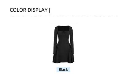 Solid Colour Square Neck Mini Dress Trimmed with Bow and Ruffle Solid Colour Pullover Dress Best for Spring/Summer