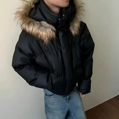 2024 American New Fashion Solid Color Fur Collar Hooded Cotton-padded Jacket Women Y2K Harajuku Gothic Hip-hop Pop Jacket Coat