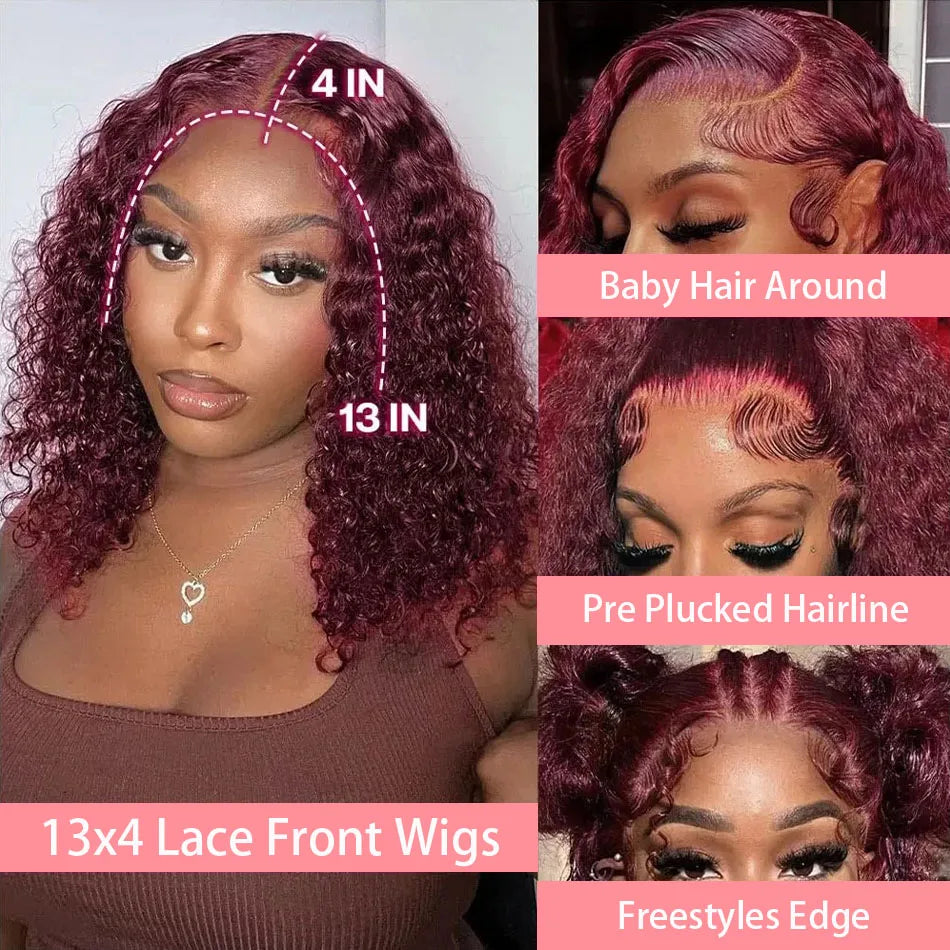 99J Colored Curly Deep Water Wave 13x4 Lace Front Wigs Preplucked Burgundy Red Short Cut Bob Frontal Wig 100% Human Hair 14 Inch