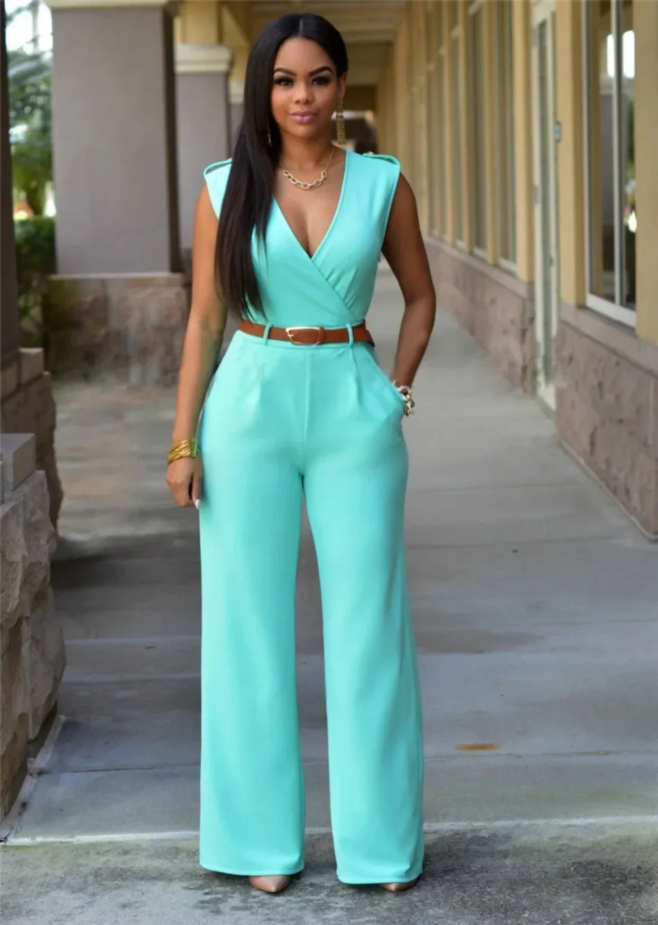 Business Formal Jumpsuit Work Wear Women Romper Elegant Long Deep V Neck Sleeveless High Waist Wrap Jumpsuits Fashion Streetwear