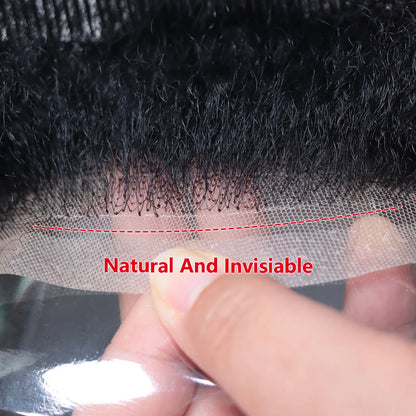 Men’s Toupee 6 Inch Human Hair Afro Curly Wig Full Lace Base 4mm Curls Natural Black 130% Density Breathable Replacement System