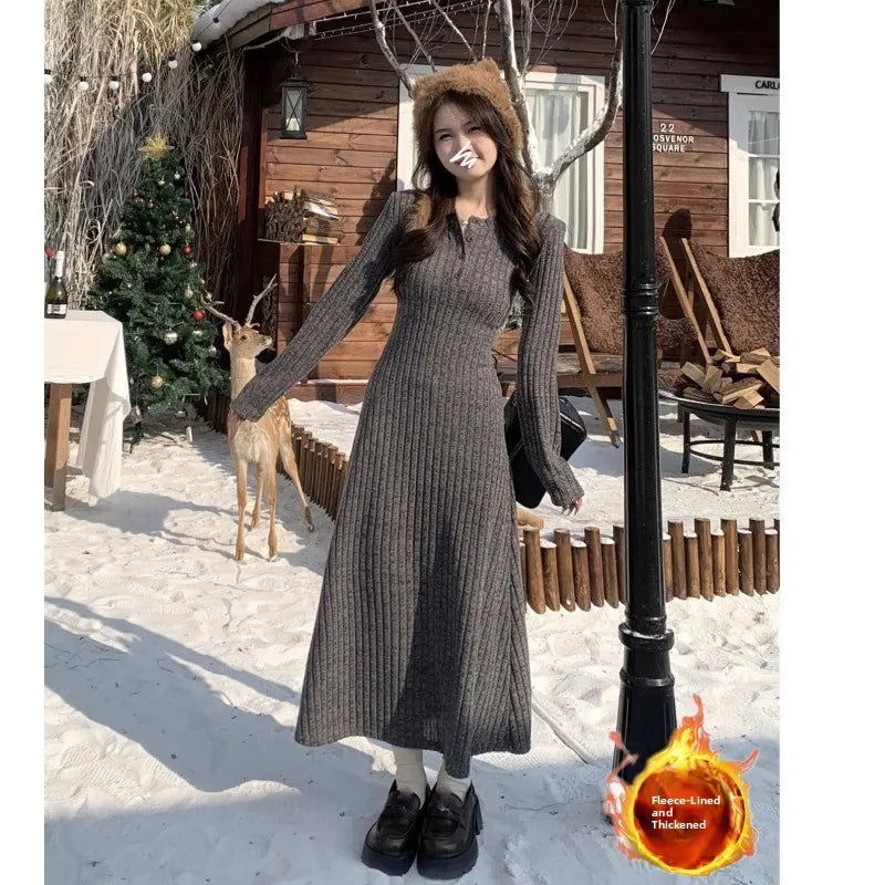 French Style Long Sleeve Knitted Dress Vintage Waist Cinching A- Line Skirt Women Autumn Winter New Arrival Slimming Inner Wear