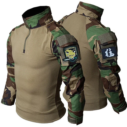 Men's Outdoor Tactical Shirts Long Sleeve Outfit Combat Shirt 1/4 Zipper Ripstop Tops Workwear pullover Camo Airsoft T-Shirts