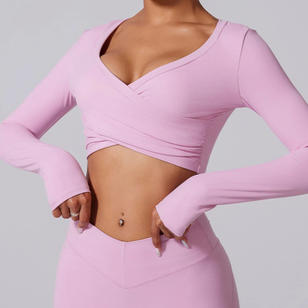 2 Pieces Wrap Front Gym Fitness Suit Women Long Sleeve Legging Workout Yoga Set Sports Bra Short Sports Clothes Tracksuit Female