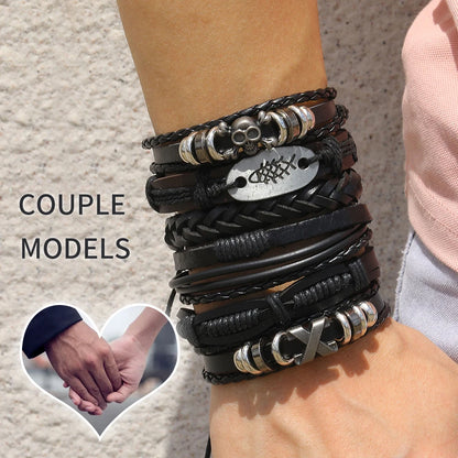 Fashion Bracelet Viking  Bracelet For Men Hand Bracelets Woven Skull Hand Jewelry Adjustable Leather Set viking man bracelet