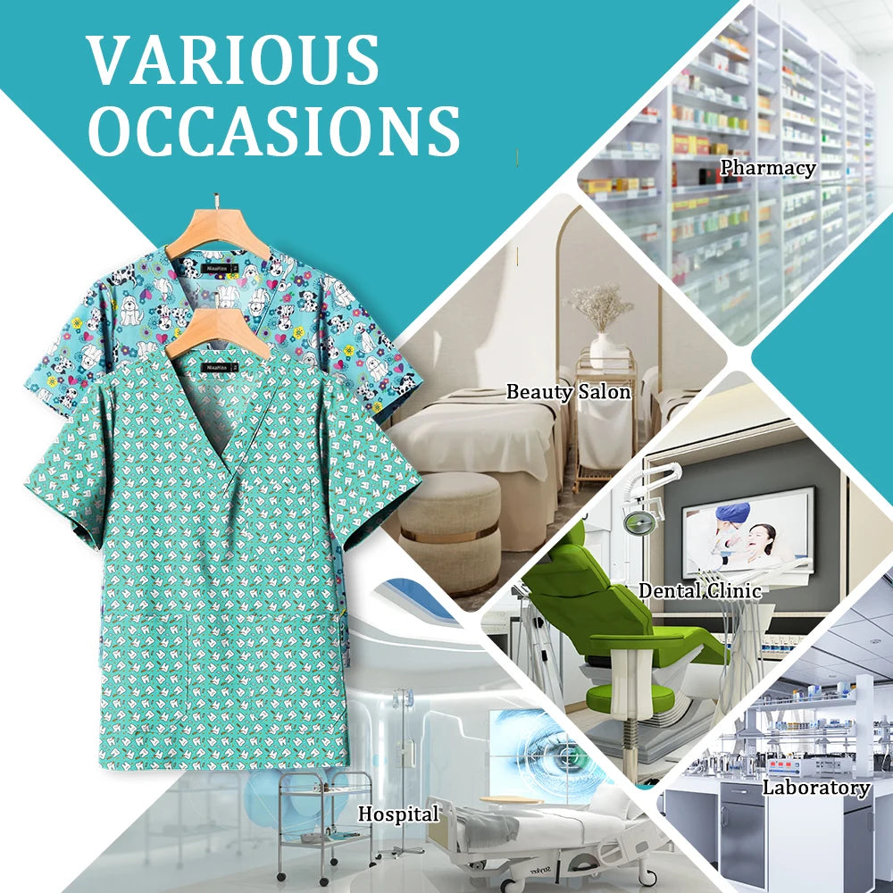 Hot Sales V-Neck Printed Scrub Tops for Women Men Nurse Uniform 100% Cotton Breathable Scrubs Uniforms Medical Blouses Wholesale