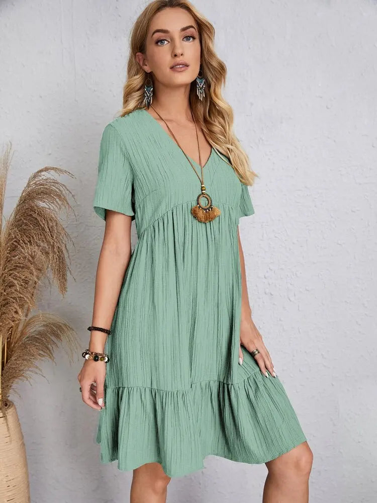 Elegant Solid V Neck A Line Dress 2024 New Summer Ruffles Loose Mini Dress Casual Short Sleeve Beach Party Vestidos Streetwear