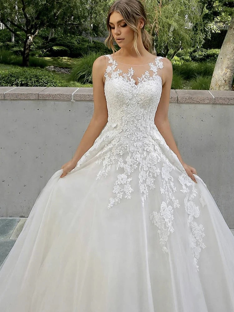 Customized Elegant Women Wedding Dresses Appliques Scoop Neck Tulle Bridal Gowns Formal Vestido De Noiva robe de mariée