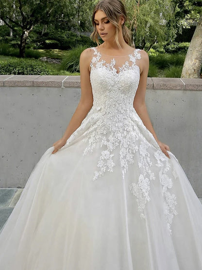 Customized Elegant Women Wedding Dresses Appliques Scoop Neck Tulle Bridal Gowns Formal Vestido De Noiva robe de mariée