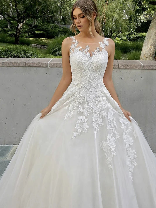 Customized Elegant Women Wedding Dresses Appliques Scoop Neck Tulle Bridal Gowns Formal Vestido De Noiva robe de mariée