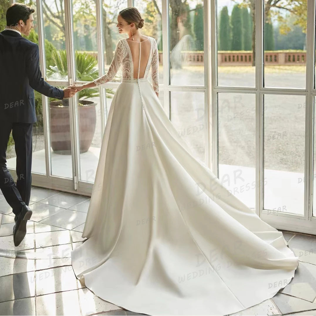 Elegant Wedding Dresses Women's Sexy V Neck Long Sleeve Backless Bridal Gowns Sweep Train Formal Vestidos De Novia Customized