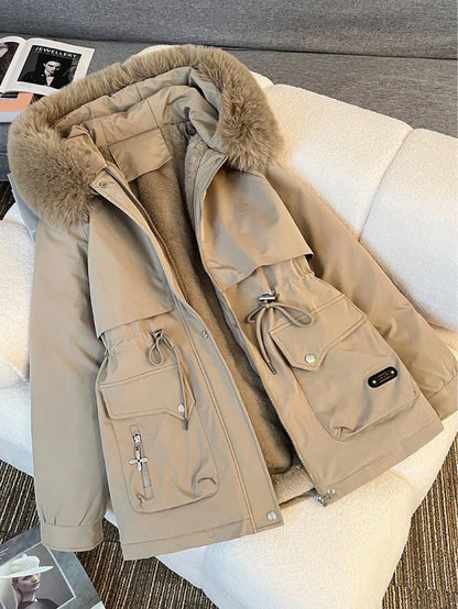 Women Big Fur collar Loose Parka Jacket Lady Medium Long Styles Down Cotton Outwear Winter Female Hooded Cotton Padded Coat