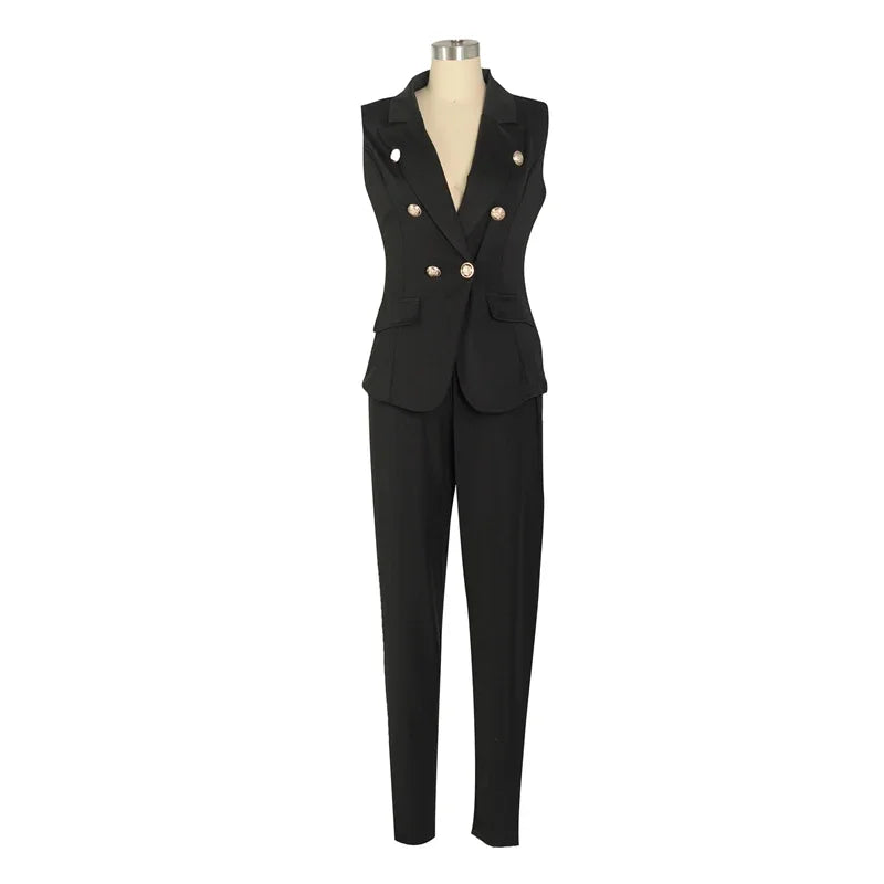 Business OL Work Wear Two Piece Pant Suits for Women Set Elegant Sleeveless Blazer Top + Pencil Pants Office Lady Matching Sets