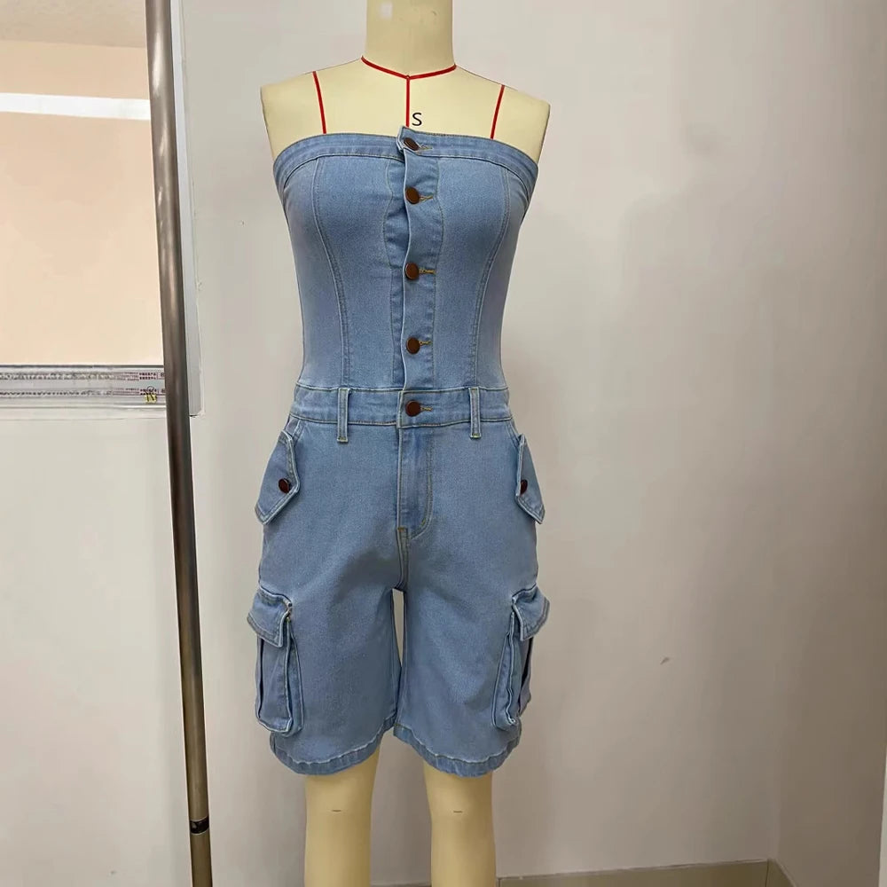 Sexy Strapless Button up Denim Romper Women Short Overalls 2025 Summer Street Casual Sleeveless Cargo Jean Jumpsuit with Pockets