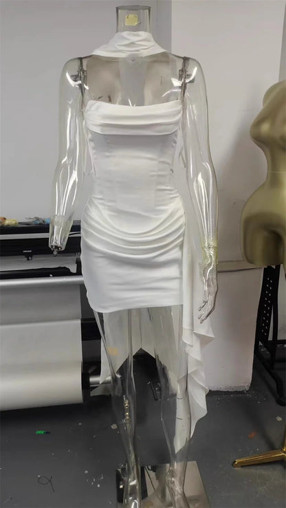 Mozision Off-shoulder Strapless Sexy Mini Dress Women Elegant Sleeveless Backless High Waist Draped Ruched Club Party Dresses