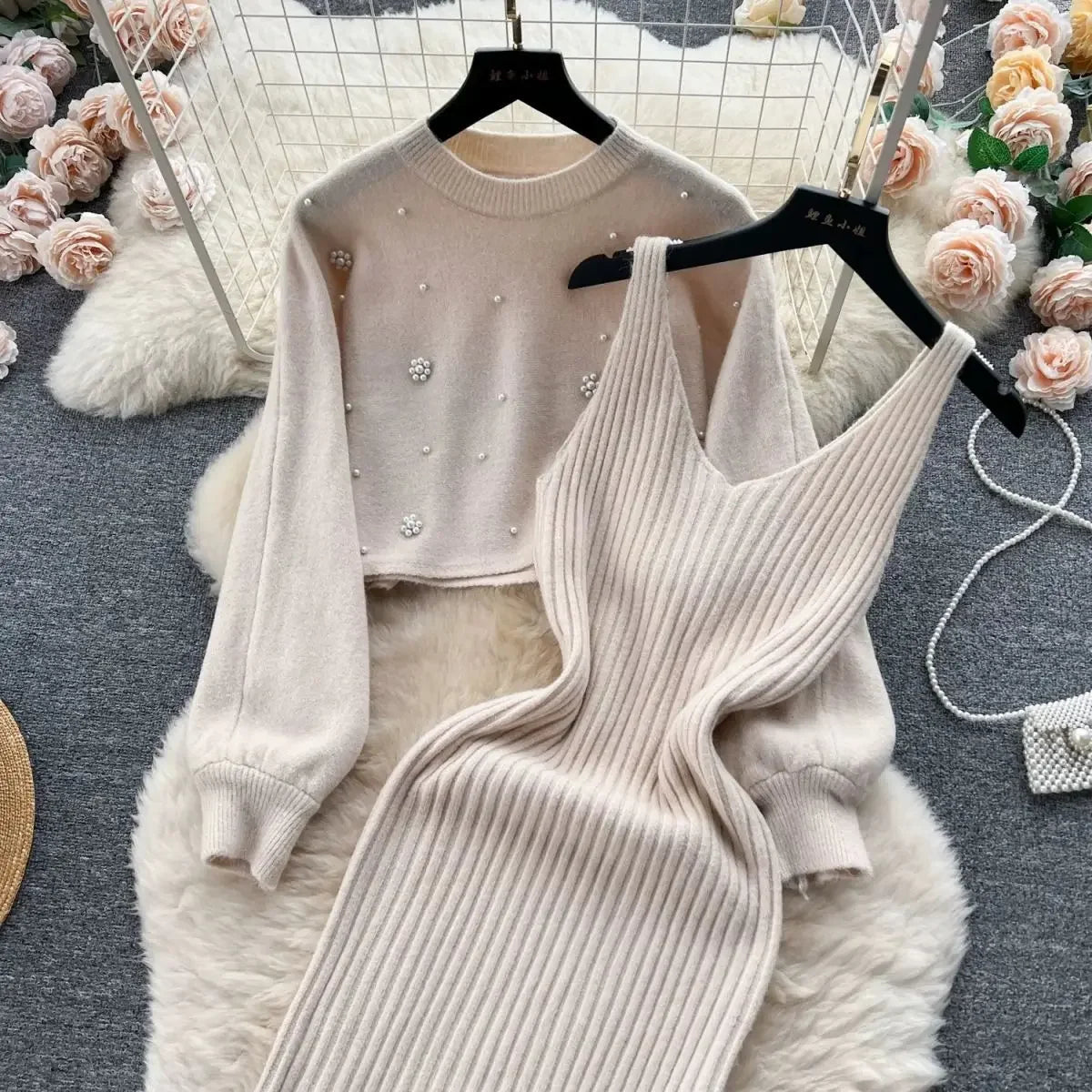 Autumn Winter Slimming Knitted Sweater Dress Set Women's Mid-Length Base Layer Knee-Over Bottoming Dresses Fashionable