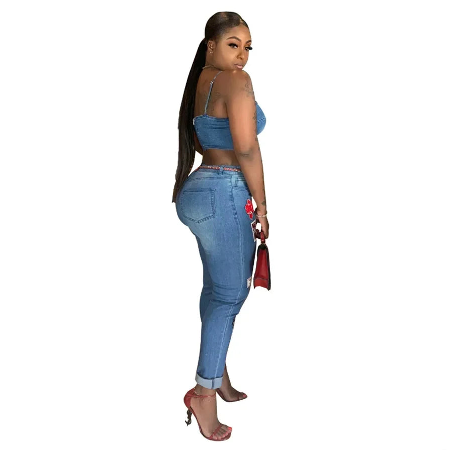 Jeans Outfits 2025 & 2026 Women Clothes Sets 2 Piece Birthday Party Club Sexy Crop Top and Pants Denim Two Piece Mathcing Set