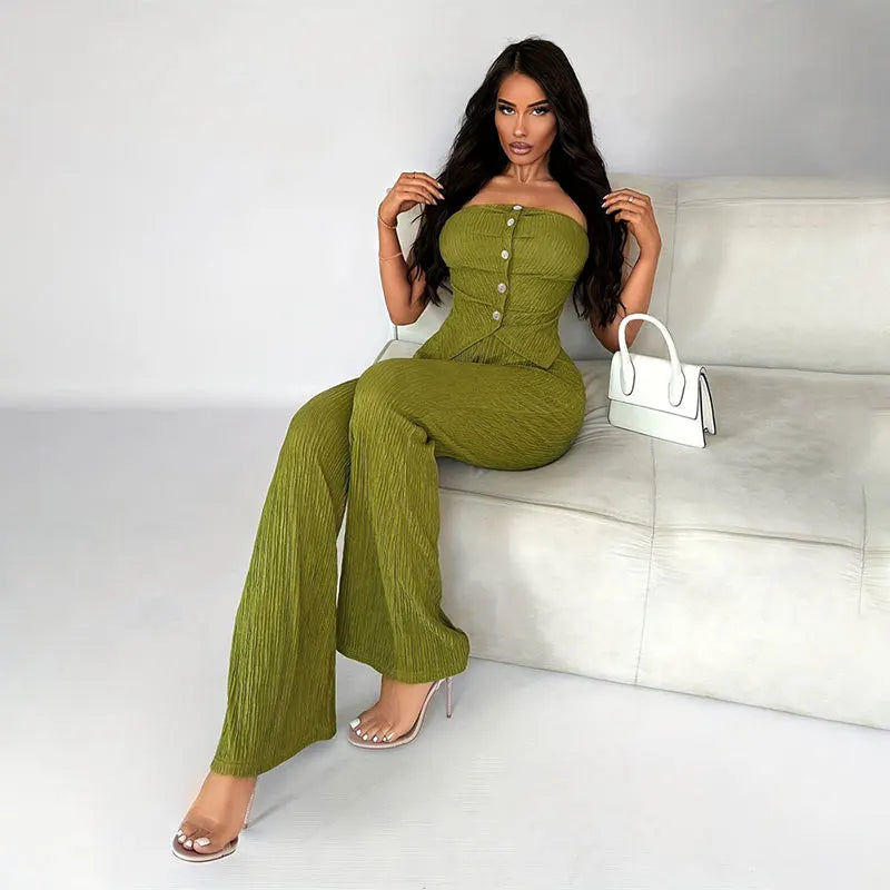 Elegant Women 2 Piece Set Midnight Striped Strapless Tube Bra Knitted Tank Top Bandage+Long Flare Pants Suits Vacation Clubwear