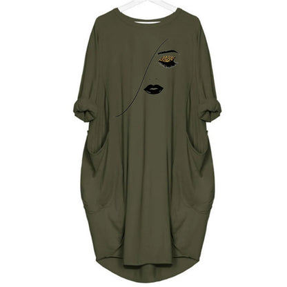 Women's Spring and Summer Sketched Portrait Pattern Printed Casual Fashion Loose Large Size Long Sleeve Pocket Dress