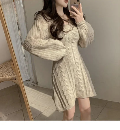 Korean Chic Autumn Gentle V-neck Linen Pattern Design Slimming Long Sleeve A- line Knitted Dress High Collar Ankle-length Dress