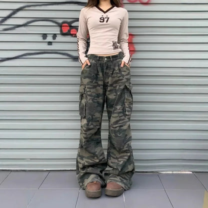Vintage Women's Jeans Loose-Fit Slimming Casual Wide-Leg Trousers American Style Streetwear Denim Cargo Pants