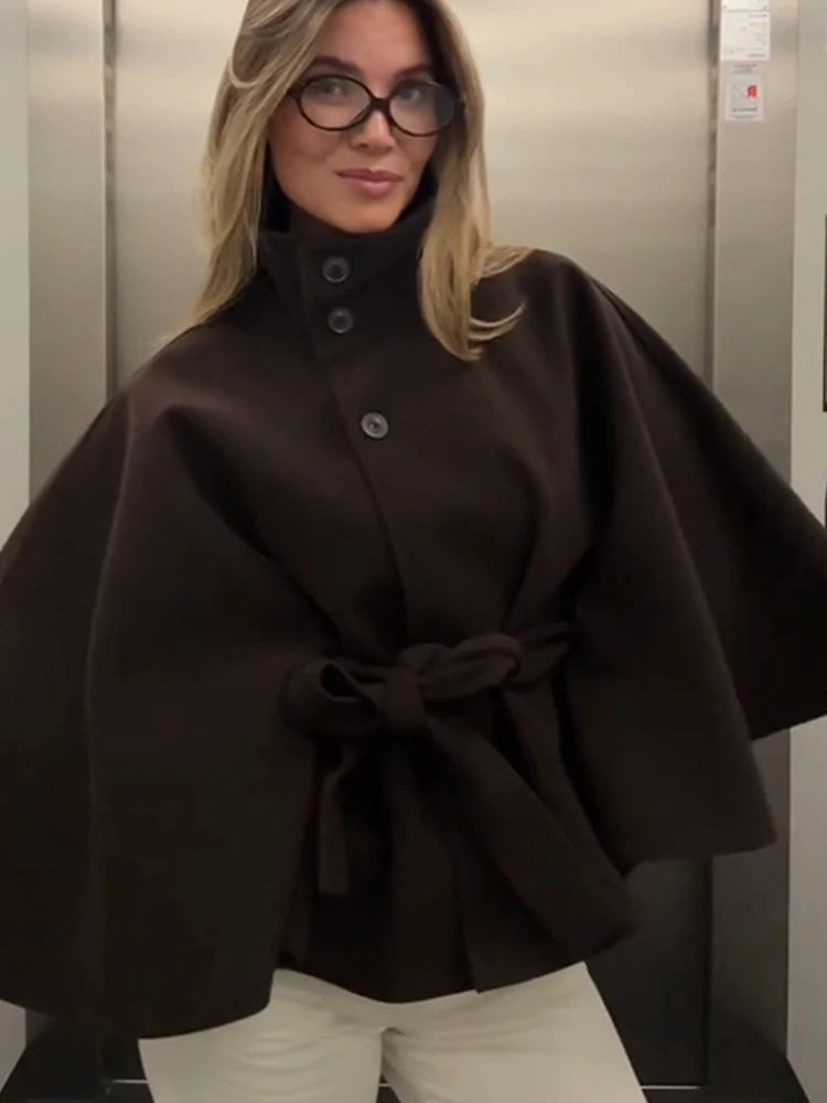 Elegant Fleece Women's Coats Solid Stand Long Sleeve Belted Lace-Up Button Jackets 2025 Autumn Winter Outerwear Female Tops