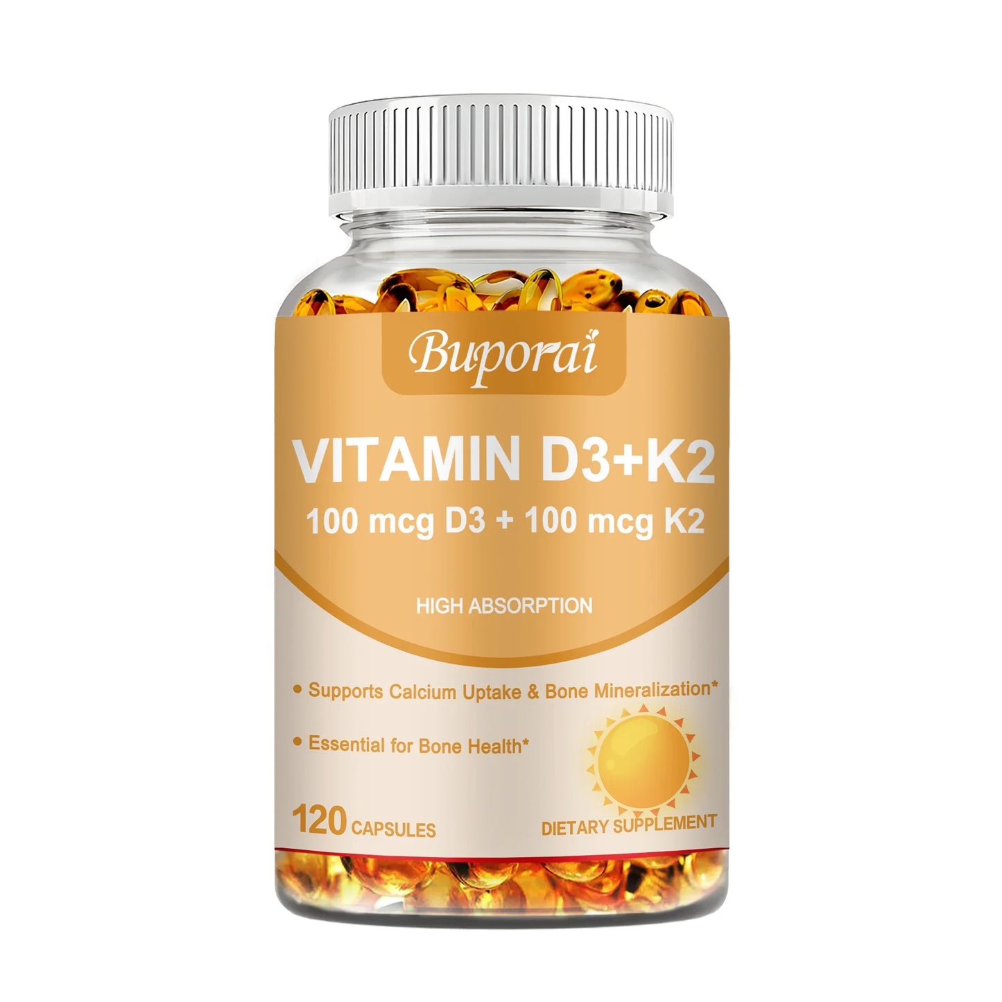 Vitamin D3 + K2 - Promote Calcium Absorption for Strong Bone, Joint, Skin, Immune, Vision and Heart Health - 120 Capsules