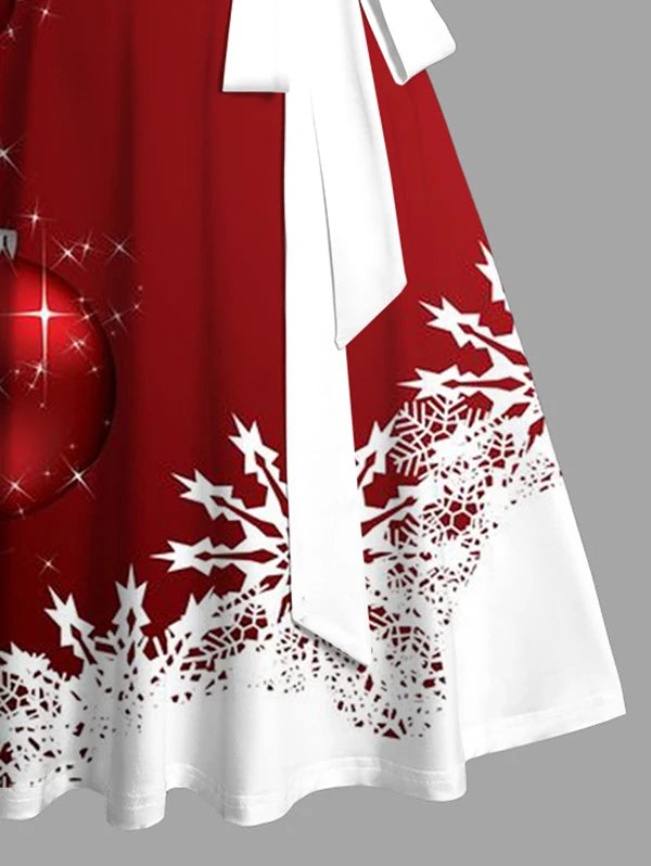 Dressfo Women's Christmas Dresses Sweetheart Neck Snowflake Bell Contrast Print Ruched Bust Tank Belt Festival Dress Vestidos
