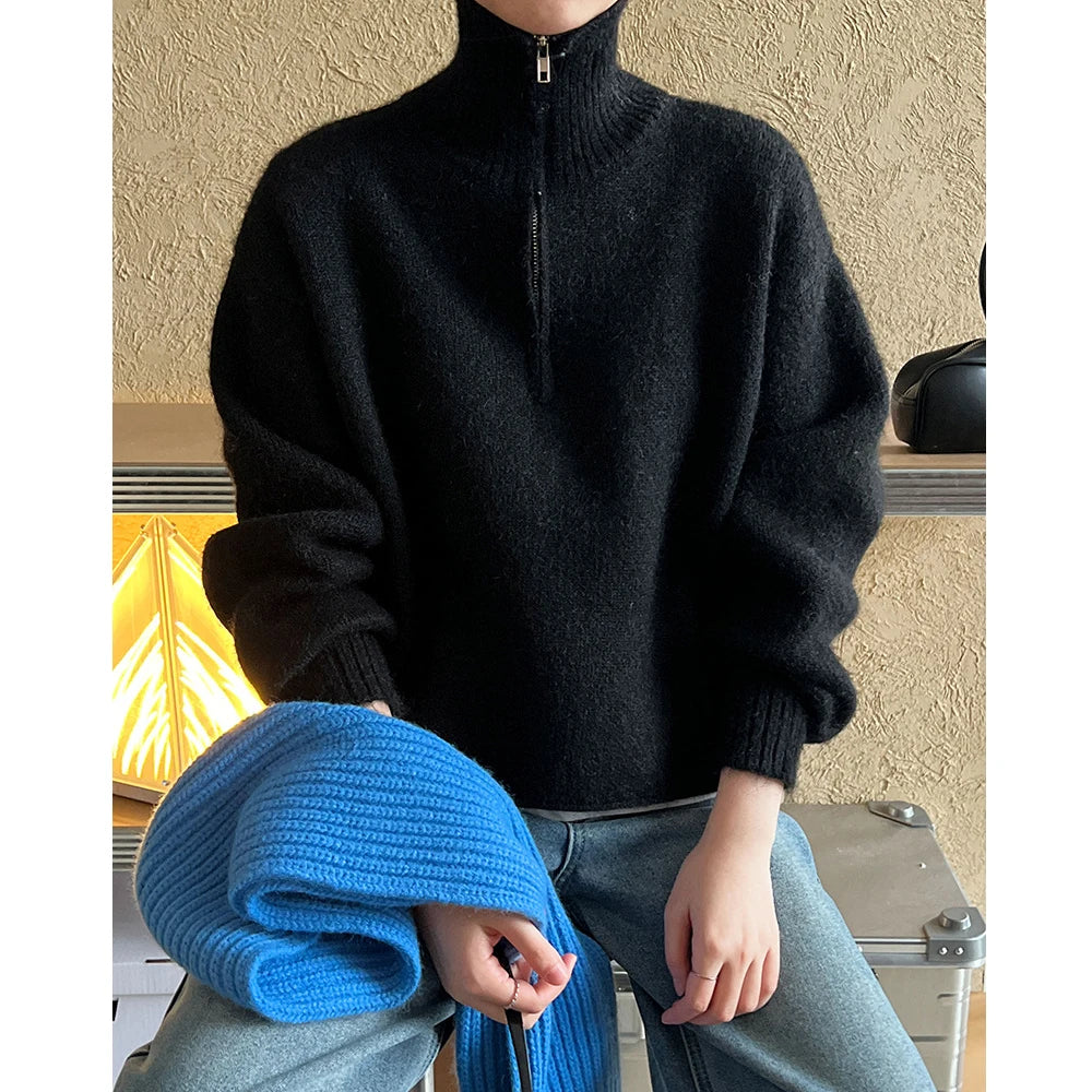 2026 Women Turn Down Collar Sweater Long Sleeve Zipper Design Warm Cardigans Clothes Tops For Women Winter Sweater Pull Femme