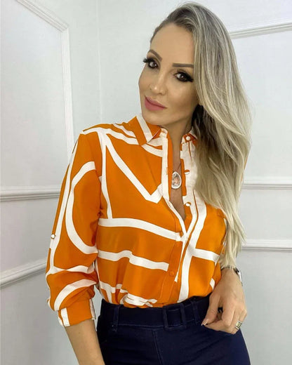 Women Geometric Print Shirt, Spring and Autumn Fashion Long-sleeved Shirts, Camisa Girls Chemise Size S M L XL XXL