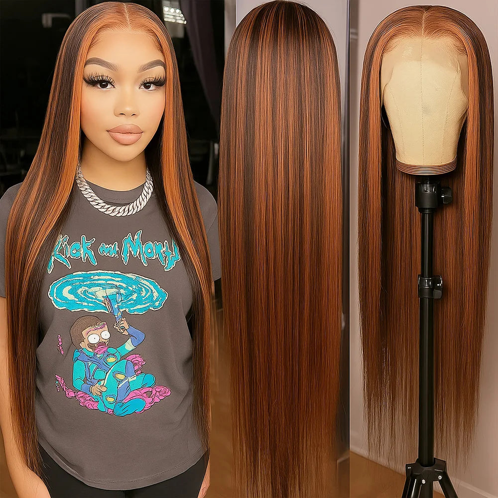 1B/30 Highlight Bone Straight 13x4 Lace Frontal Wigs Human Hair 30 Inch Ombre Brown With Black Colored Human Hair Wig For Women
