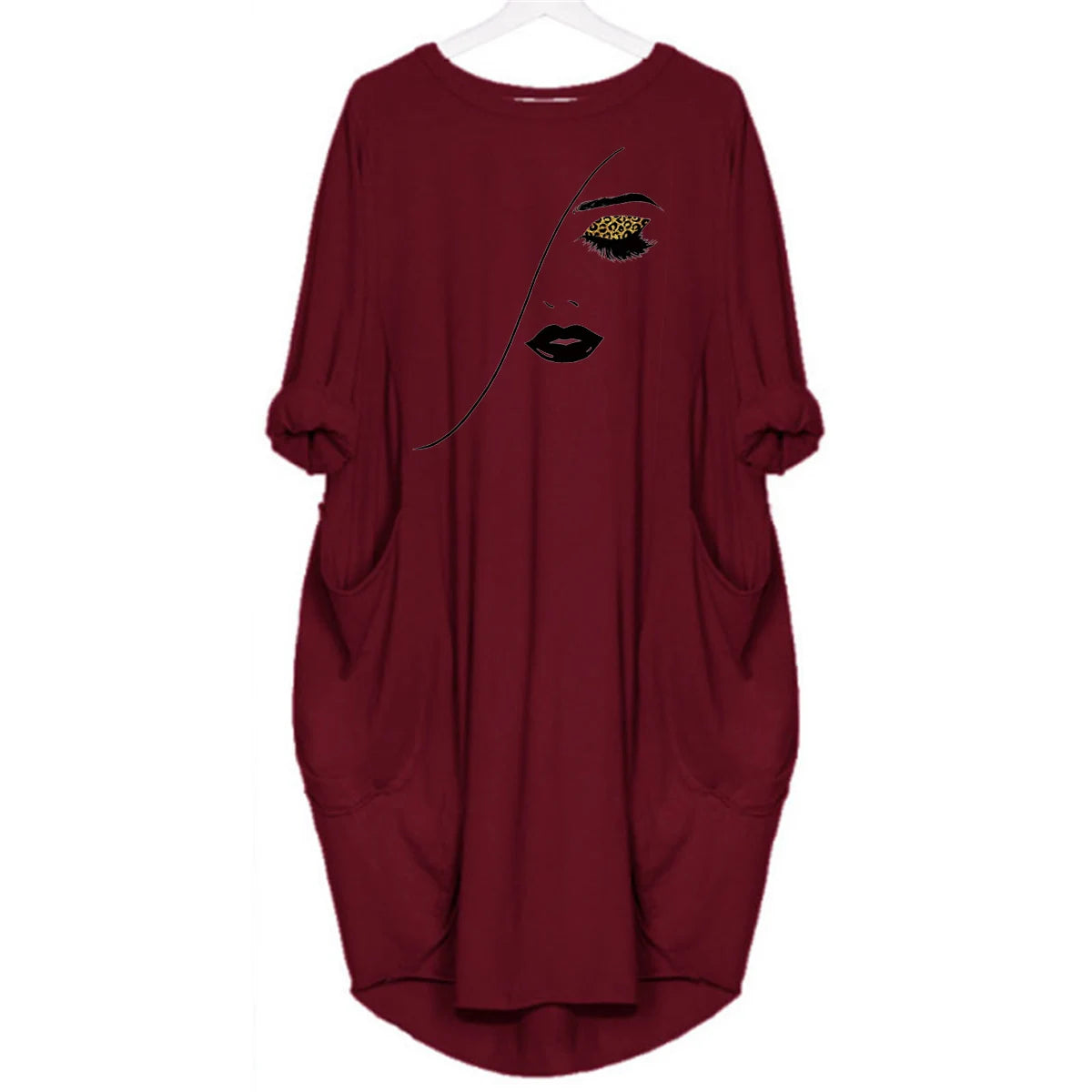 Women's Spring and Summer Sketched Portrait Pattern Printed Casual Fashion Loose Large Size Long Sleeve Pocket Dress