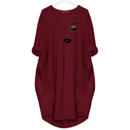 Women's Spring and Summer Sketched Portrait Pattern Printed Casual Fashion Loose Large Size Long Sleeve Pocket Dress