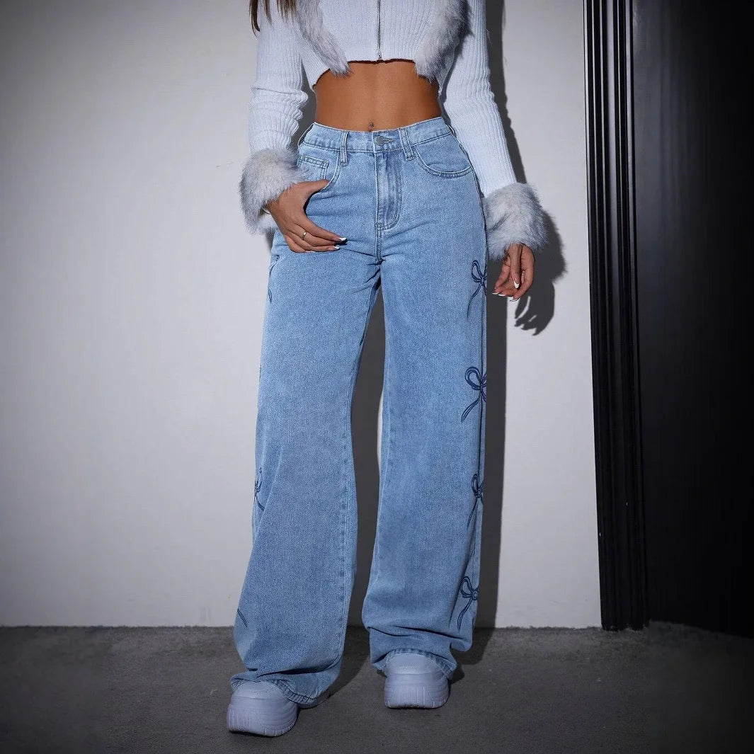 Wide Leg Pants Women Bow Print Jeans High Waist Washed Distressed Straight Trousers Vintage Denims Floor Length Streetwear