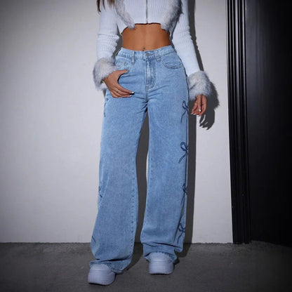 Wide Leg Pants Women Bow Print Jeans High Waist Washed Distressed Straight Trousers Vintage Denims Floor Length Streetwear