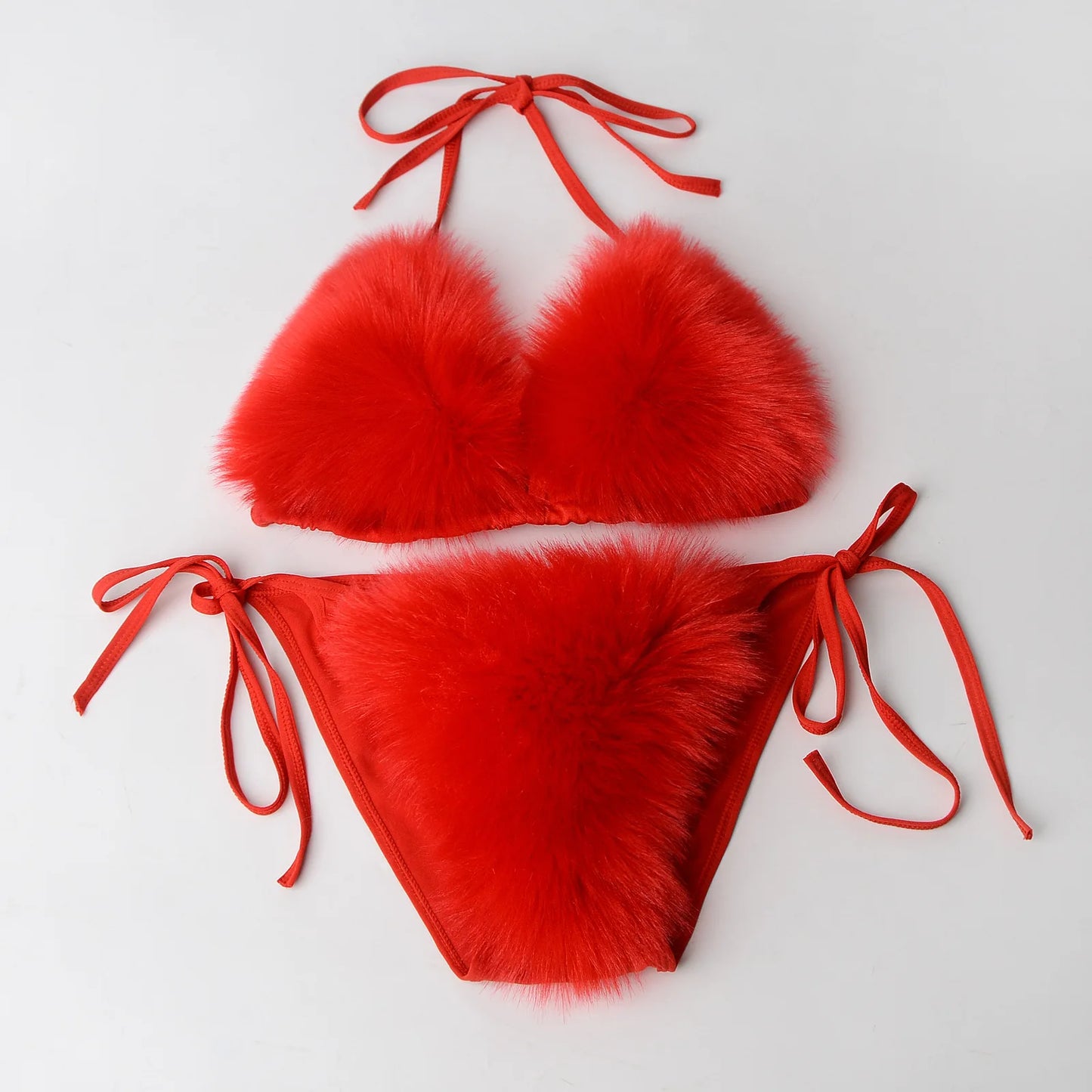 Summer Women Fake Fox Fur Sexy Halter Solid Color Bikini Set Swimsuits Triangle Sexy Bikini Set Faux Fur Swimsuit Plush Swimwear
