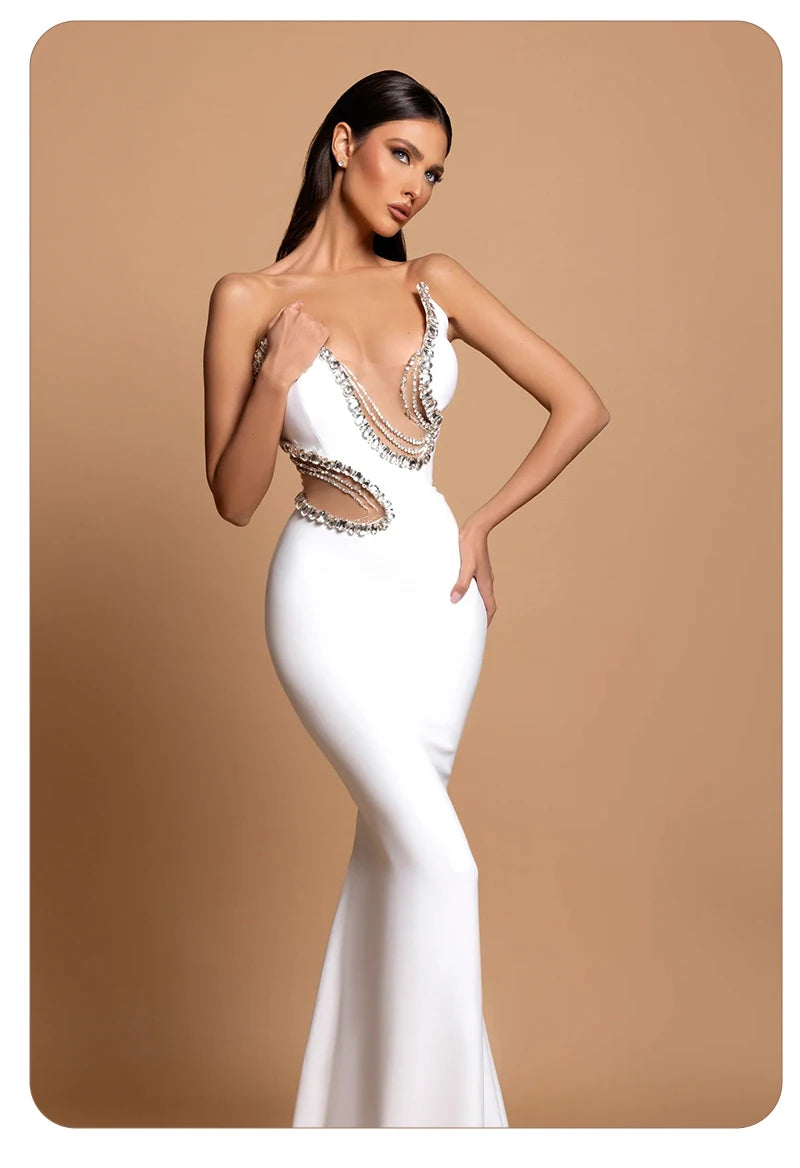 Women Mermaid Sexy White Sleeveless Bandage Long Dress Mesh Backless Strapless Diamonds Bodycon Party Evening Wedding Gowns