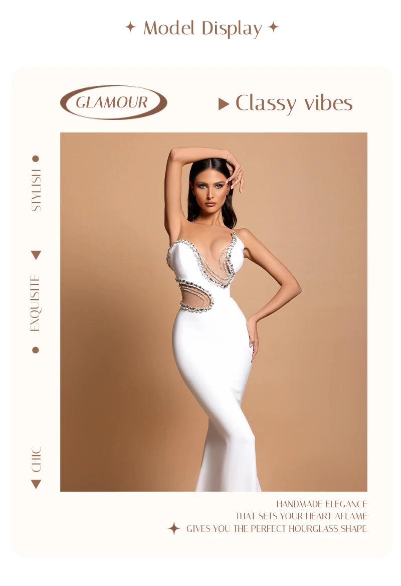 Women Mermaid Sexy White Sleeveless Bandage Long Dress Mesh Backless Strapless Diamonds Bodycon Party Evening Wedding Gowns
