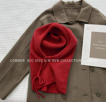 Knitted Hooded Caps Winter Balaclava Hats Women Korean Style Outdoor Warmer Drawstring Hats One-piece Neck Collar Beanies Cap