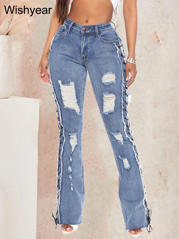 Women's Slim Fit Ripped Denim Jeans High Stretch Blue Pants Eyelet Lace Detail Streetwear Cowboy Style Y2K Flattering Bottoms