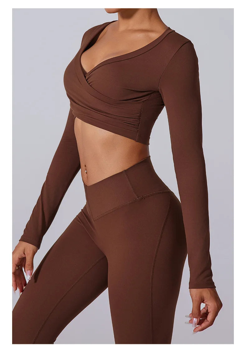 2 Pieces Wrap Front Gym Fitness Suit Women Long Sleeve Legging Workout Yoga Set Sports Bra Short Sports Clothes Tracksuit Female