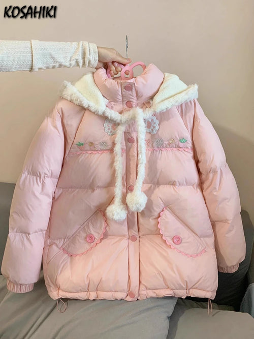 Preppy Style Winter Embroidery Warm Women Parka Harajuku Zippers Casual Rabbit's Ears Hooded Tops Y2k Aesthetic Pocket Pink Coat