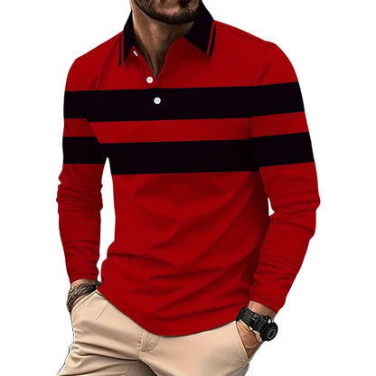Vintage Stripe Print Mens Polo Shirts Fashion Lapel Golf Wear Men's T-Shirt Tops Street Sports Long Sleeve T Shirt Men Clothes