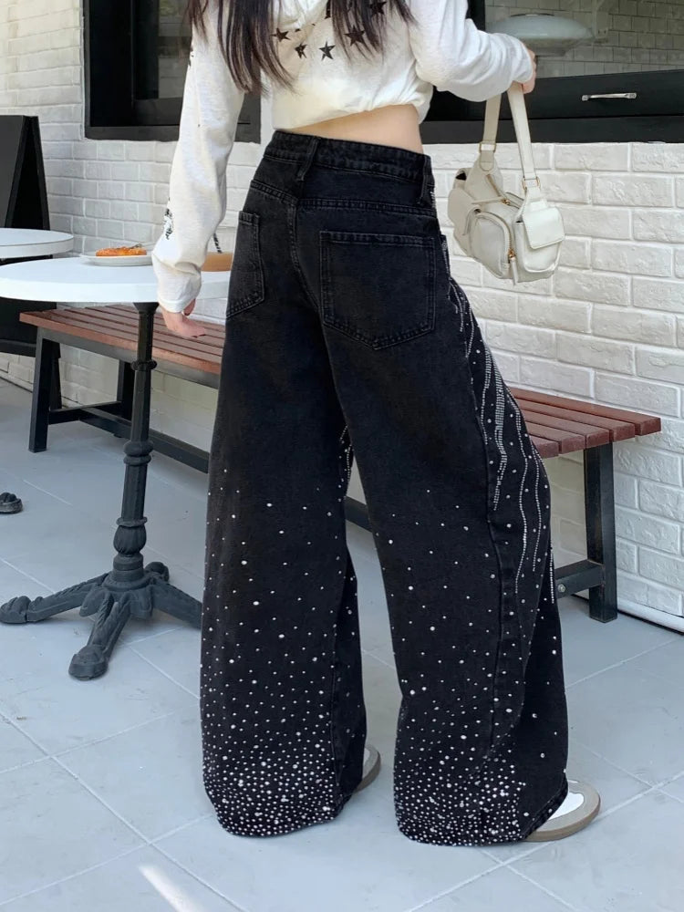 2025/2026 Ropa Y2K Style Baggy Hot Fix Rhinestone Baggy Stacked Jeans Pants For Women Clothing Wide Leg Luxury Gothic Lady Trousers