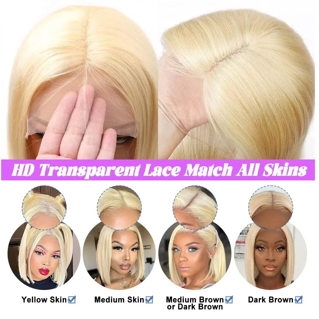 613 Blonde Bob Wig Human Hair Straight 12 Inch 180% Density 13x4 HD Transparent Lace Front Wigs Virgin Brazilian Hair For Women