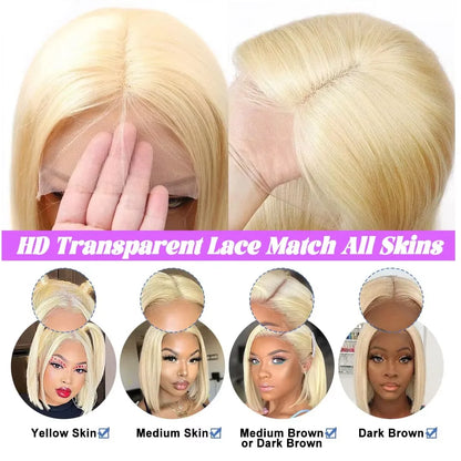 613 Blonde Bob Wig Human Hair Straight 12 Inch 180% Density 13x4 HD Transparent Lace Front Wigs Virgin Brazilian Hair For Women