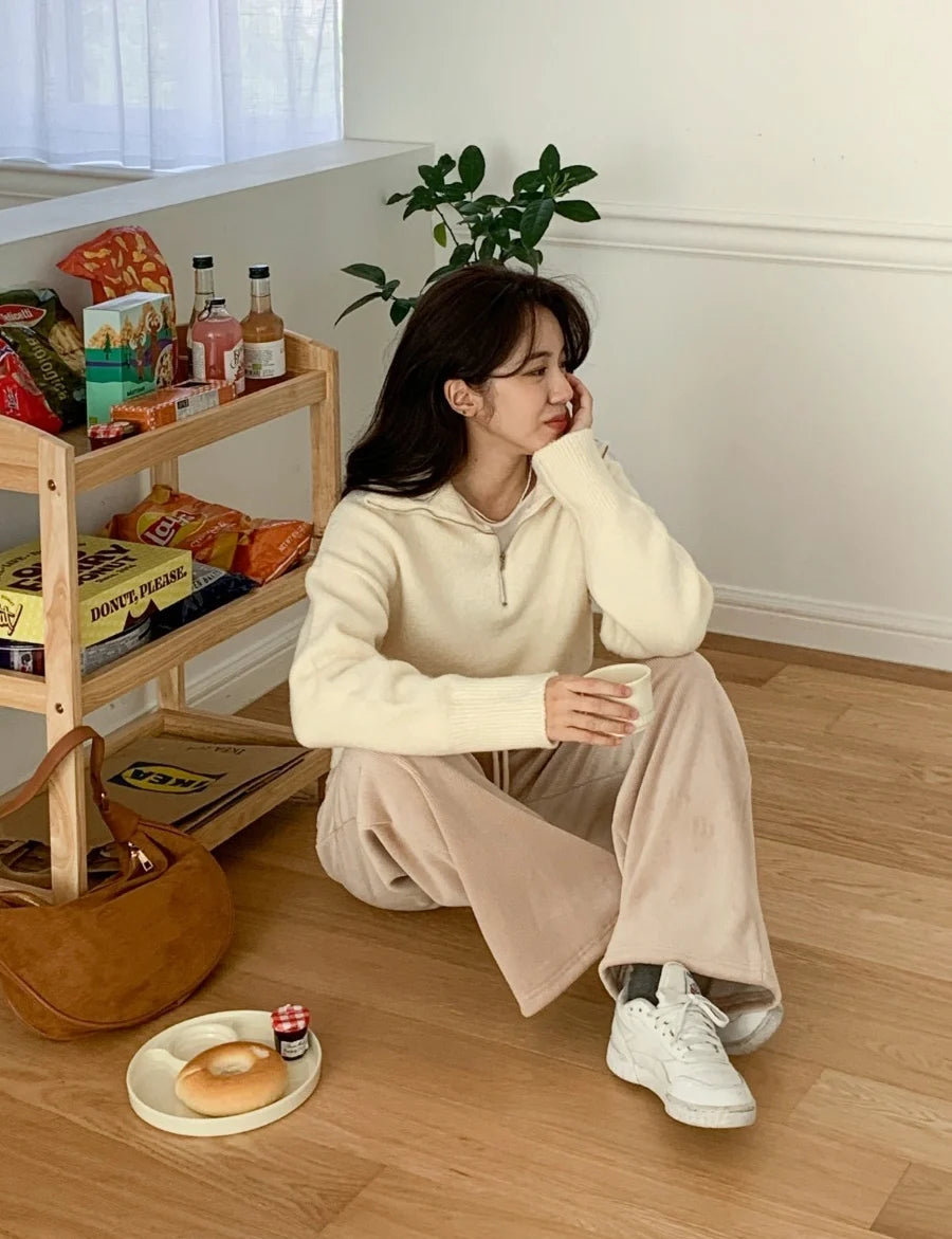 Women's Casual Loose Knitted Sweater Autumn Winter Chic Design Versatile f Zipper Stand Collar  Color Top