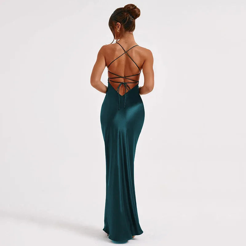 Sexy Spaghetti Strap Satin Dresses Women Elegant Backless Lace Up Mermaid Dress Woman Sleeveless Slim Bodycon Party Long Dress