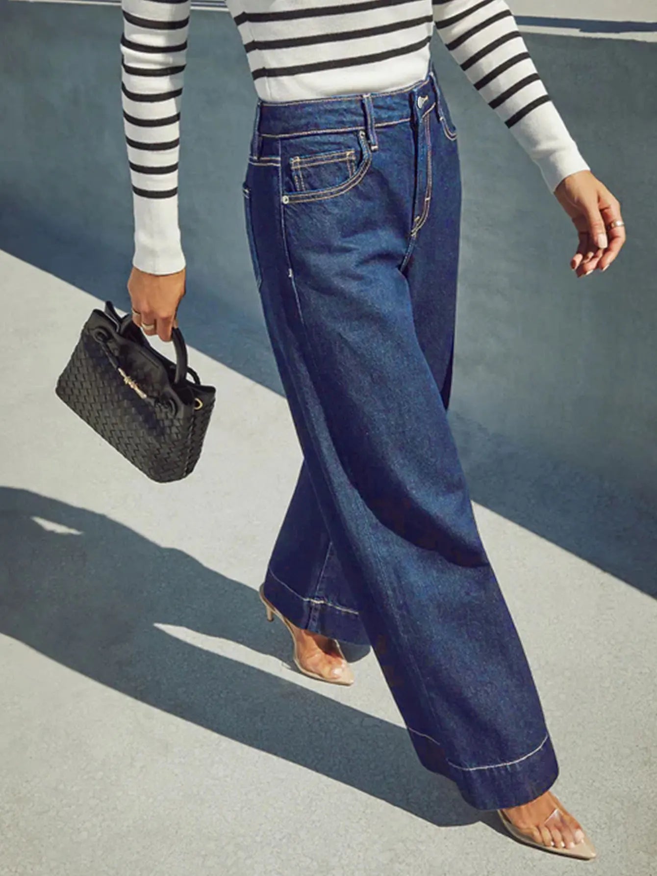 Women's Classic Blue High Rise Wide Leg Jeans - Stretch Jeans with Button Fly, Soft and Comfortable, Slim Fit Vintage Wash Jeans